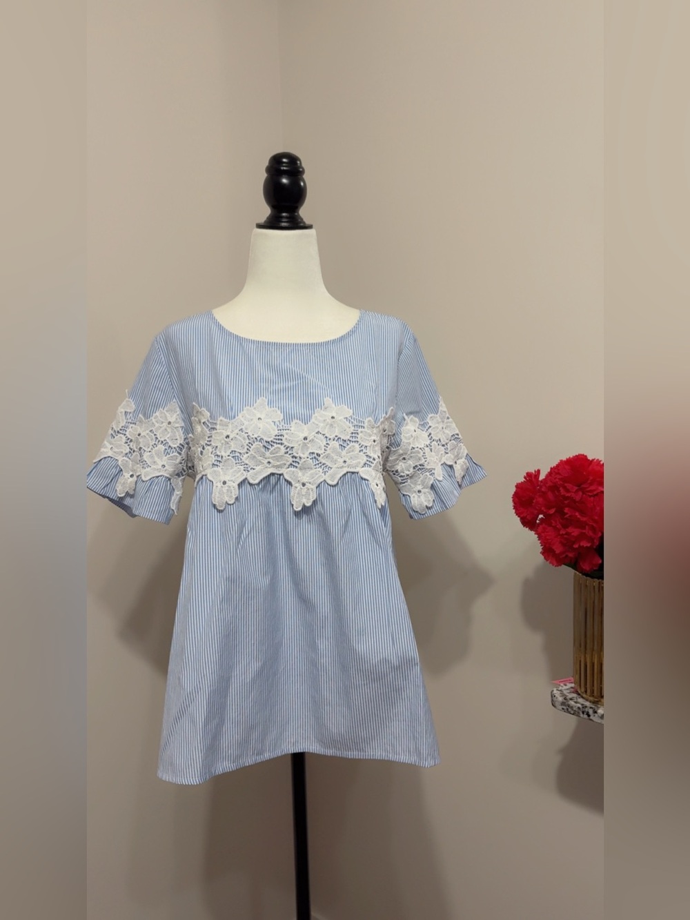 Light Blue Pinstripe Top with White Lace